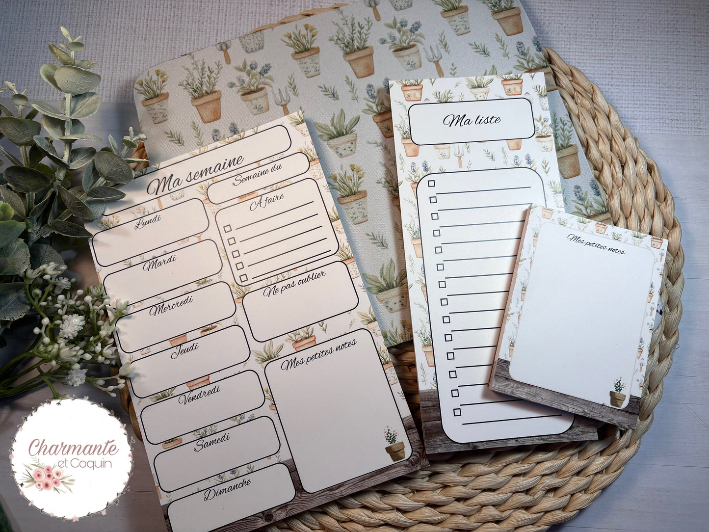 Ensemble de planification hebdomadaire avec motifs aquarelle pots de fleurs