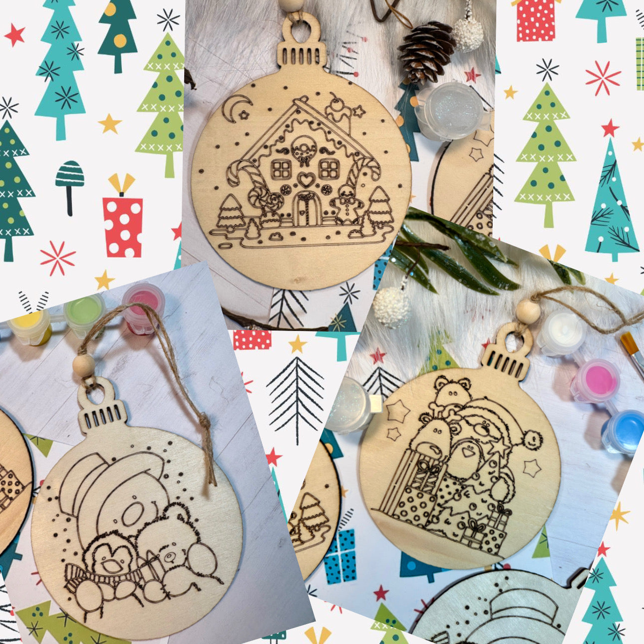 Ensemble créatif peinture acrylique sur bois pour enfants thème boule de Noël