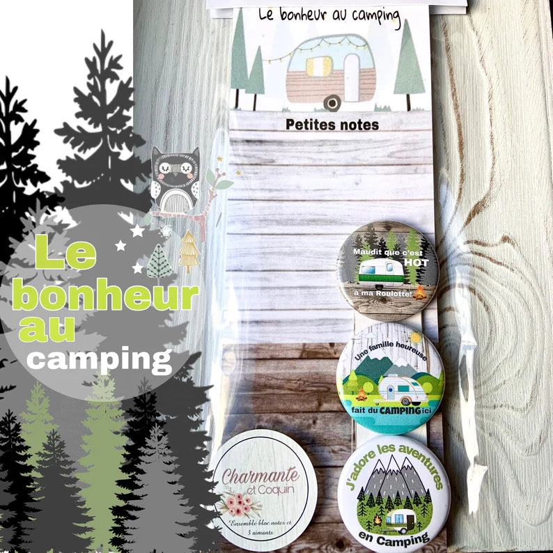 ENS. bloc notes et 3 aimants personnalisés sur le thème du camping .