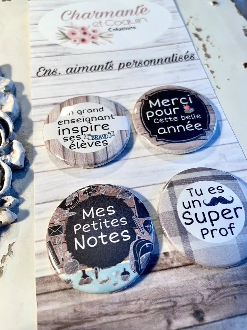 Ensemble 4 aimants personnalisés pour enseignant, cadeau remerciement professeur