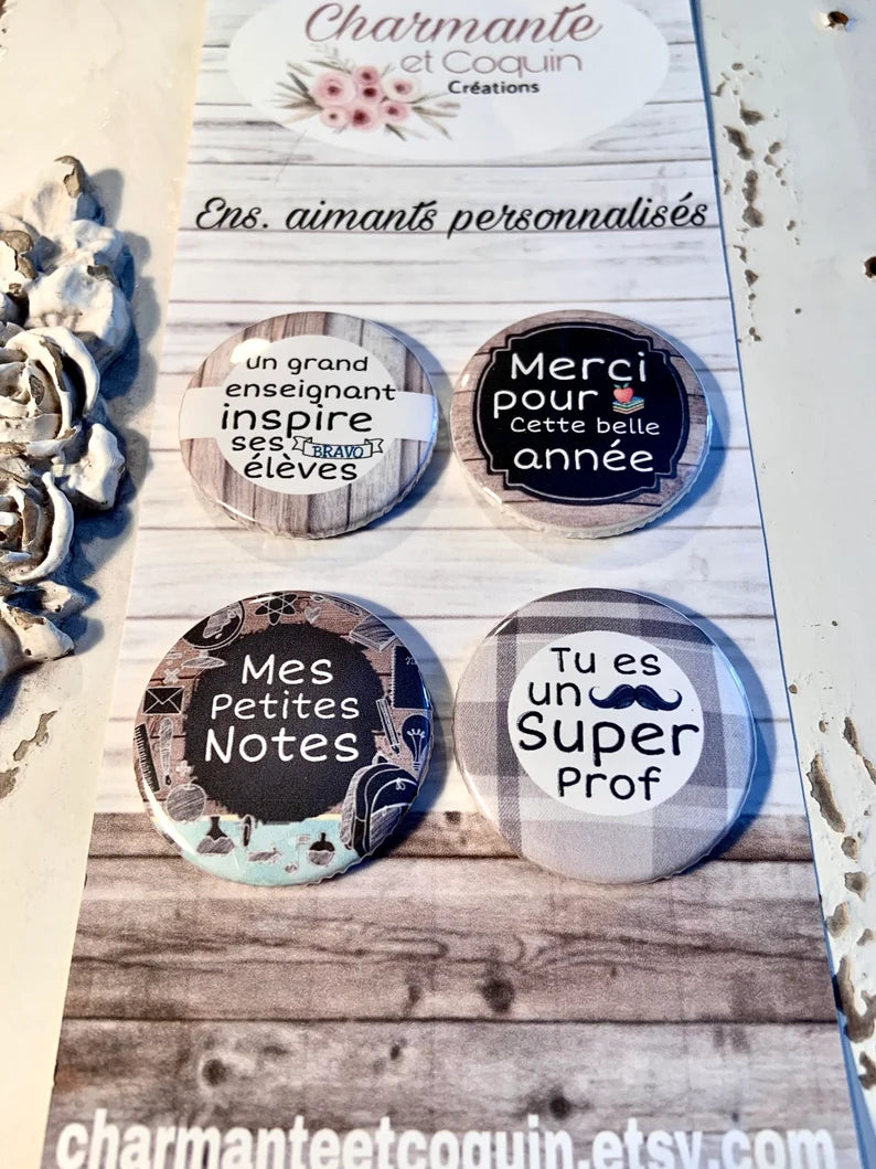 Ensemble 4 aimants personnalisés pour enseignant, cadeau remerciement professeur