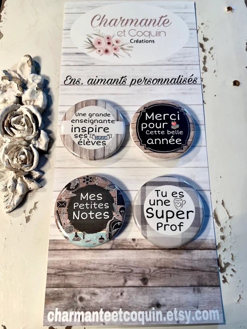 Ensemble de 4 aimants personnalisés pour enseignante , cadeau remerciement enseignante