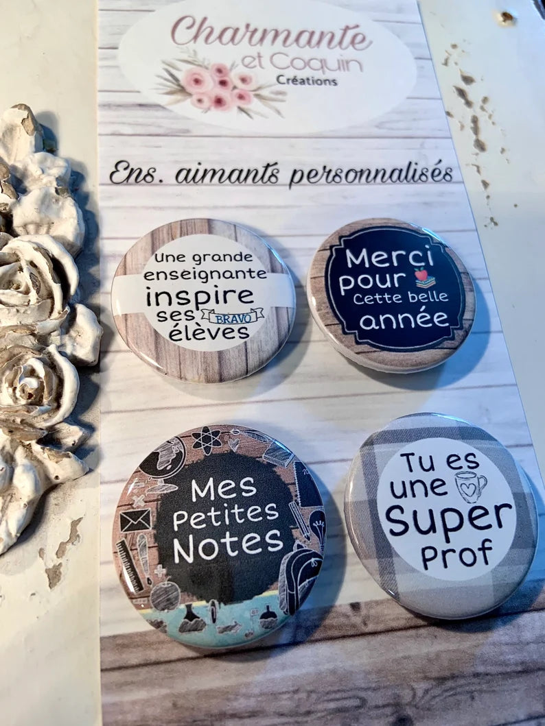 Ensemble de 4 aimants personnalisés pour enseignante , cadeau remerciement enseignante