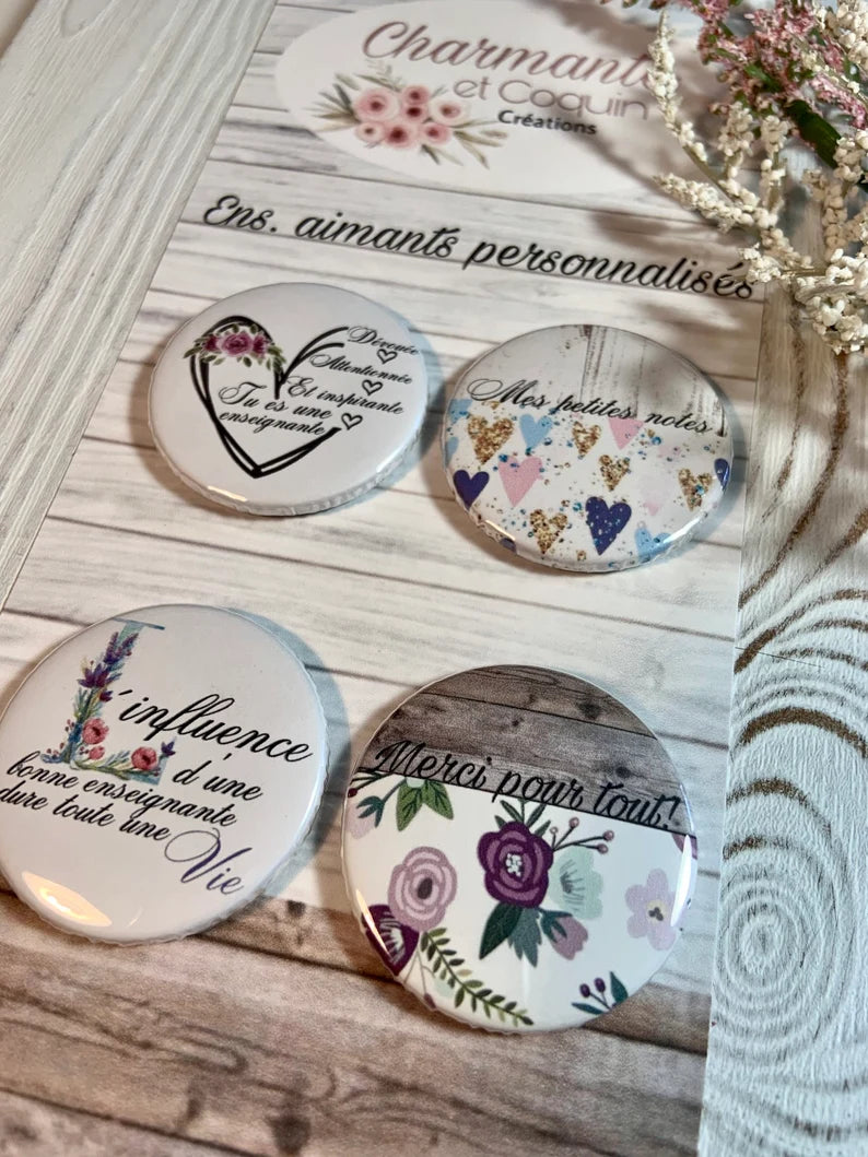 Ensemble 4 aimants personnalisés cadeaux enseignantes, remerciement professeur