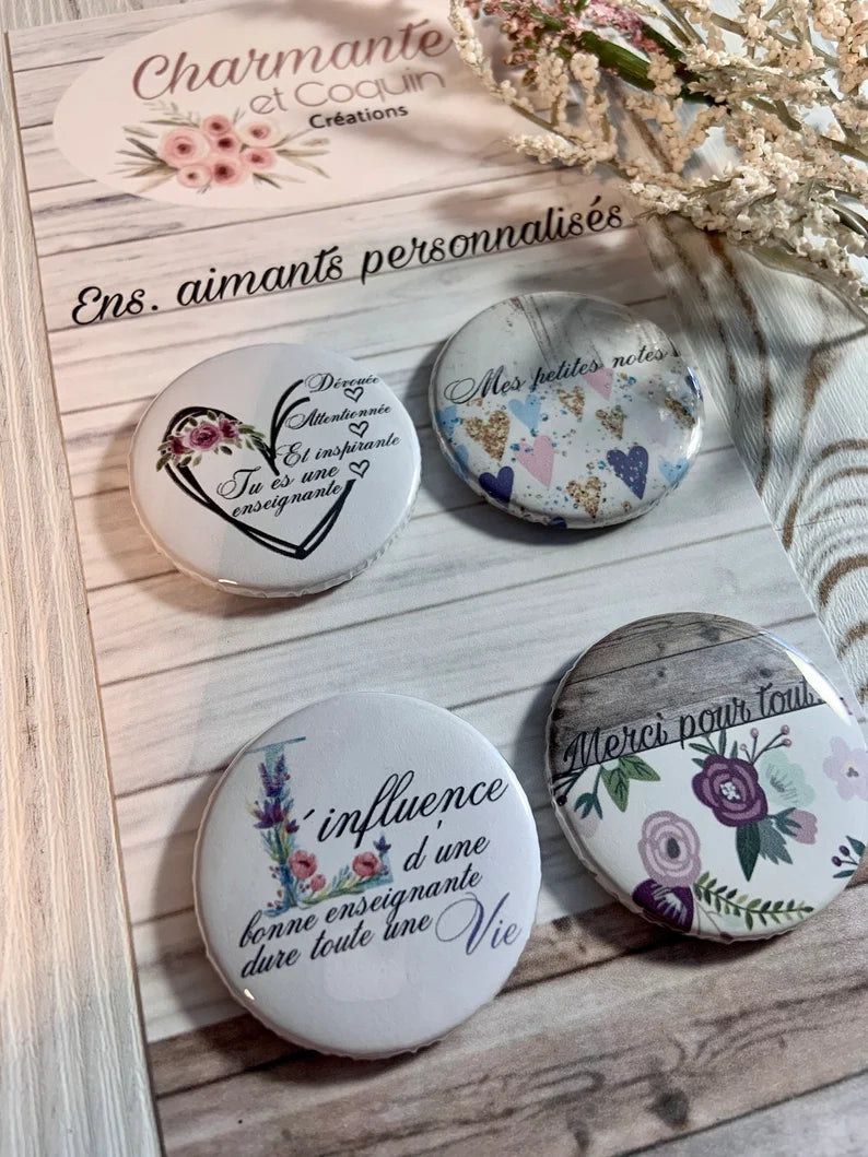 Ensemble 4 aimants personnalisés cadeaux enseignantes, remerciement professeur