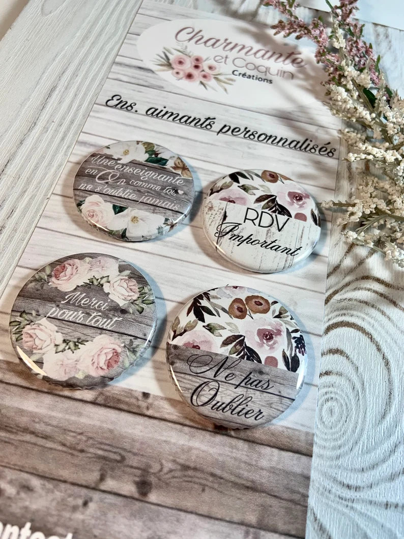 Ensemble de 4 aimants personnalisés, cadeau pour enseignante, cadeau remerciement professeur