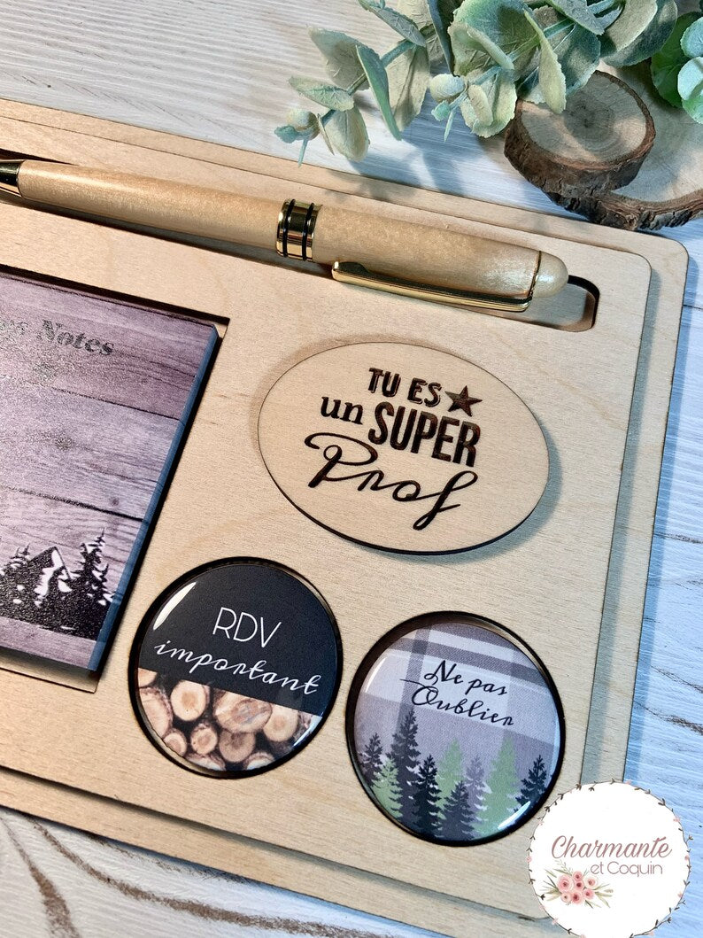 Ensemble porte crayon, bloc notes avec feuilles autocollantes et deux aimants.Petit organisateur de bureau.Cadeau pour professeur/enseignant