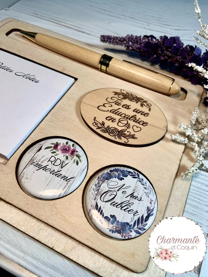Ensemble porte crayon, bloc notes avec feuilles autocollantes et deux aimants.Petit organisateur de bureau.Cadeau pour éducatrice