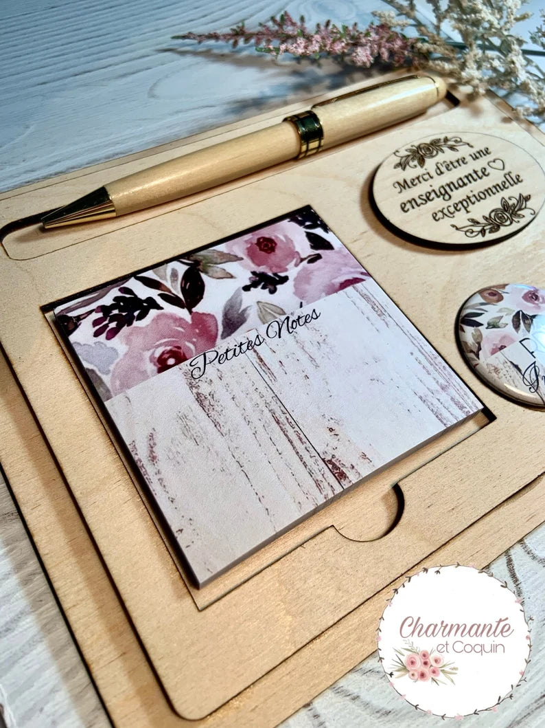 Ensemble porte crayon,bloc notes autocollants et deux aimants personnalisés .Cadeau pour enseignante, cadeau remerciement professeur.