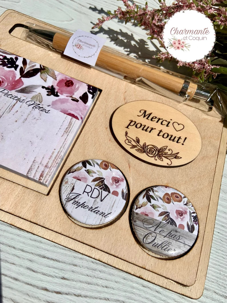 Ensemble porte crayon, bloc notes avec feuilles autocollantes et deux aimants.Petit organisateur de bureau.Cadeau pour remerciement