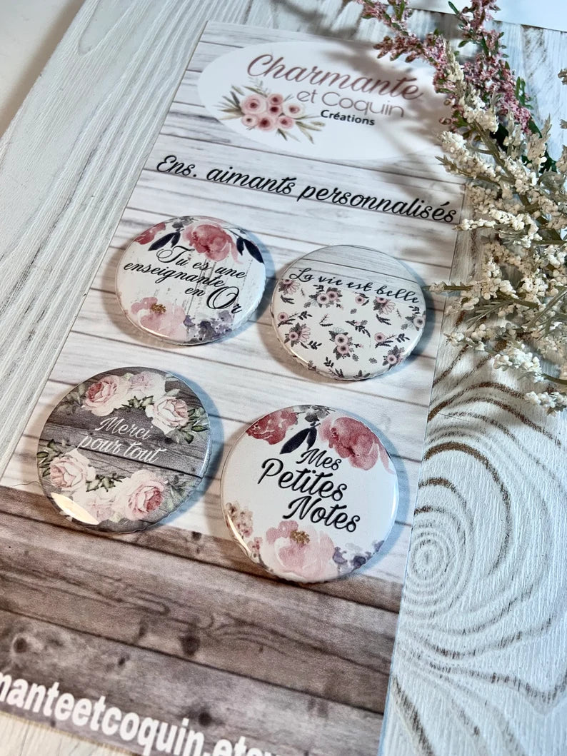 Ensemble de 4 aimants personnalisés, cadeau pour enseignante, cadeau remerciement professeur