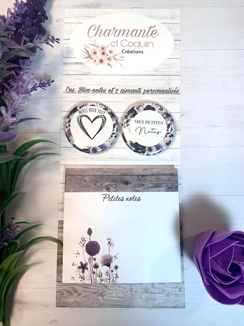 Ensemble bloc notes avec feuilles autocollantes (style post it) avec deux aimants personnalisés, cadeau remerciement