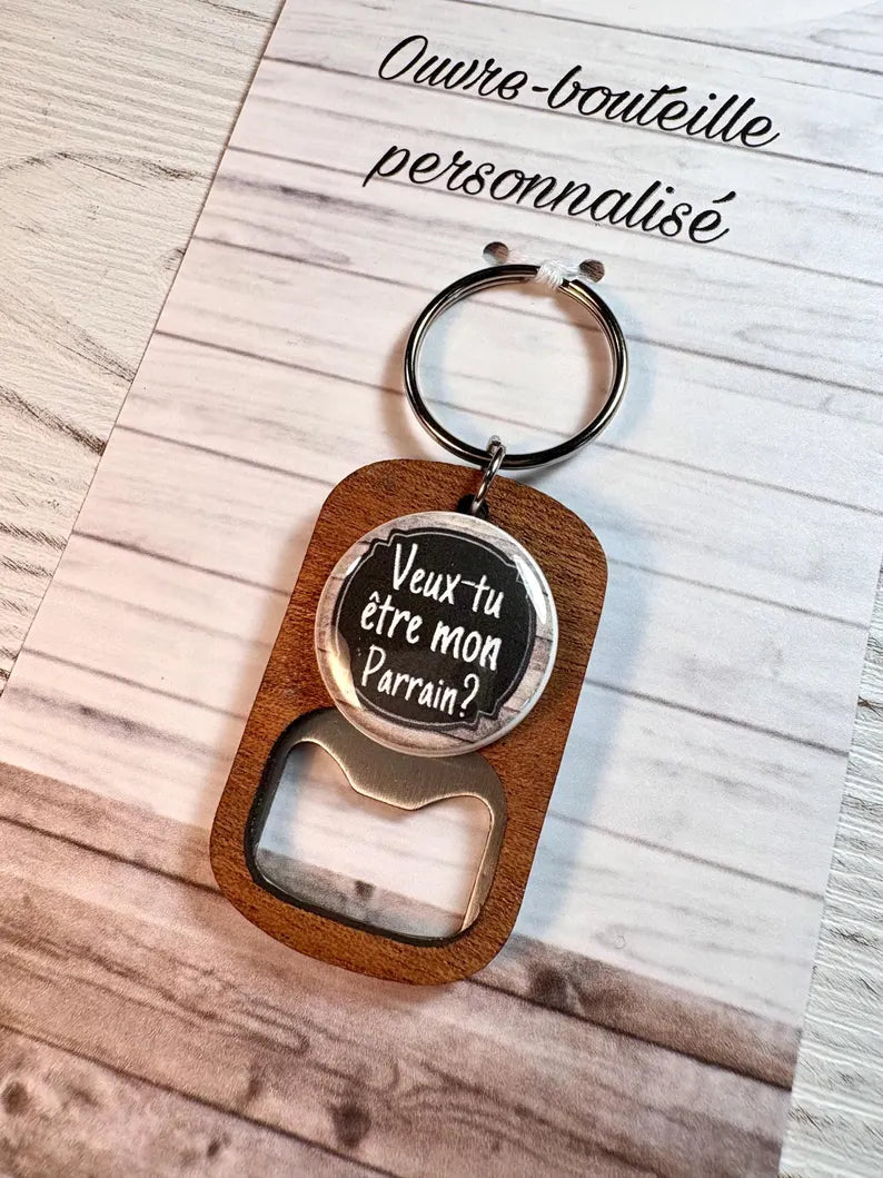 Porte-clés ouvre bouteilles personnalisé demande parrain, cadeau parrain.