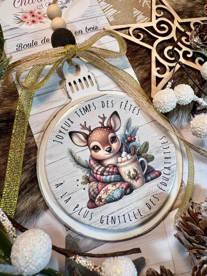 Boule de Noël en bois personnalisée de style rustique chic, cadeau pour éducatrice