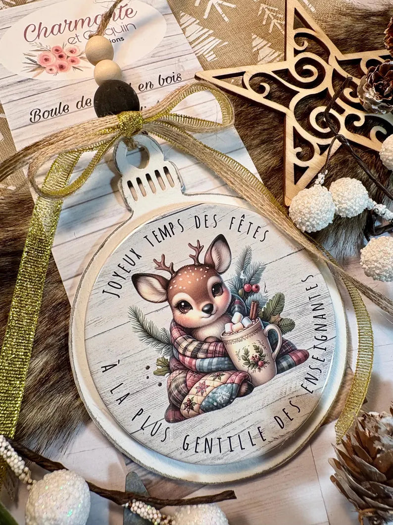 Boule de Noël en bois personnalisée de style rustique chic, cadeau pour enseignante