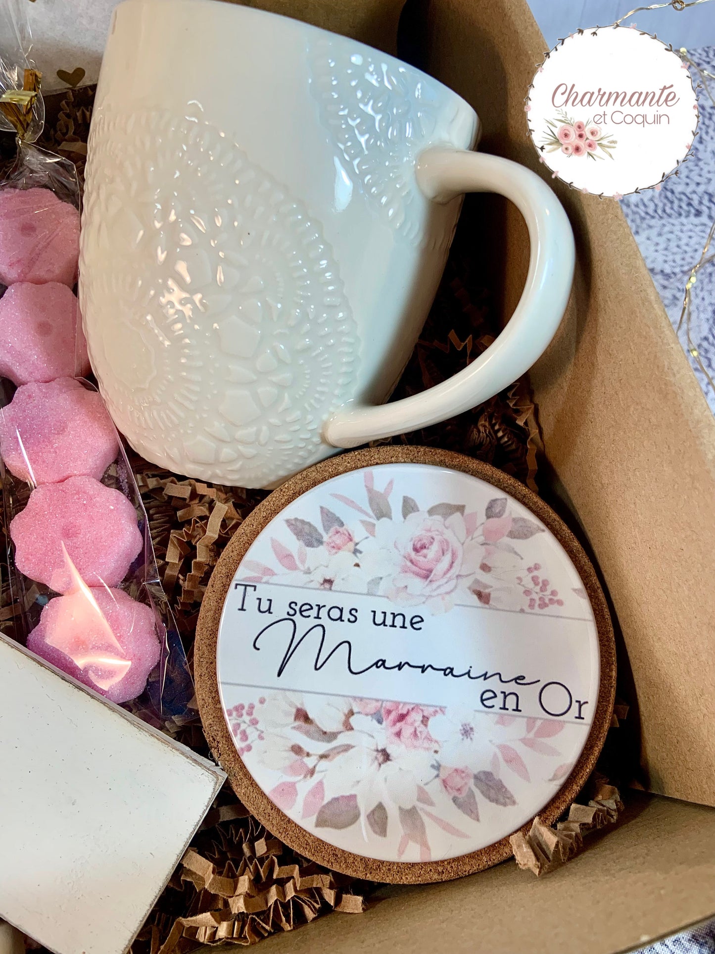 Charmante boîte cadeaux personnalisée cadeau pour une demande marraine.