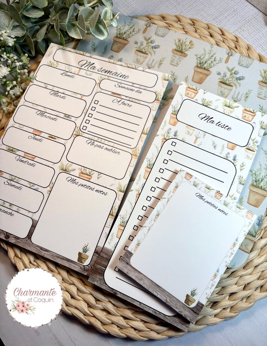 Ensemble de planification hebdomadaire avec motifs aquarelle pots de fleurs