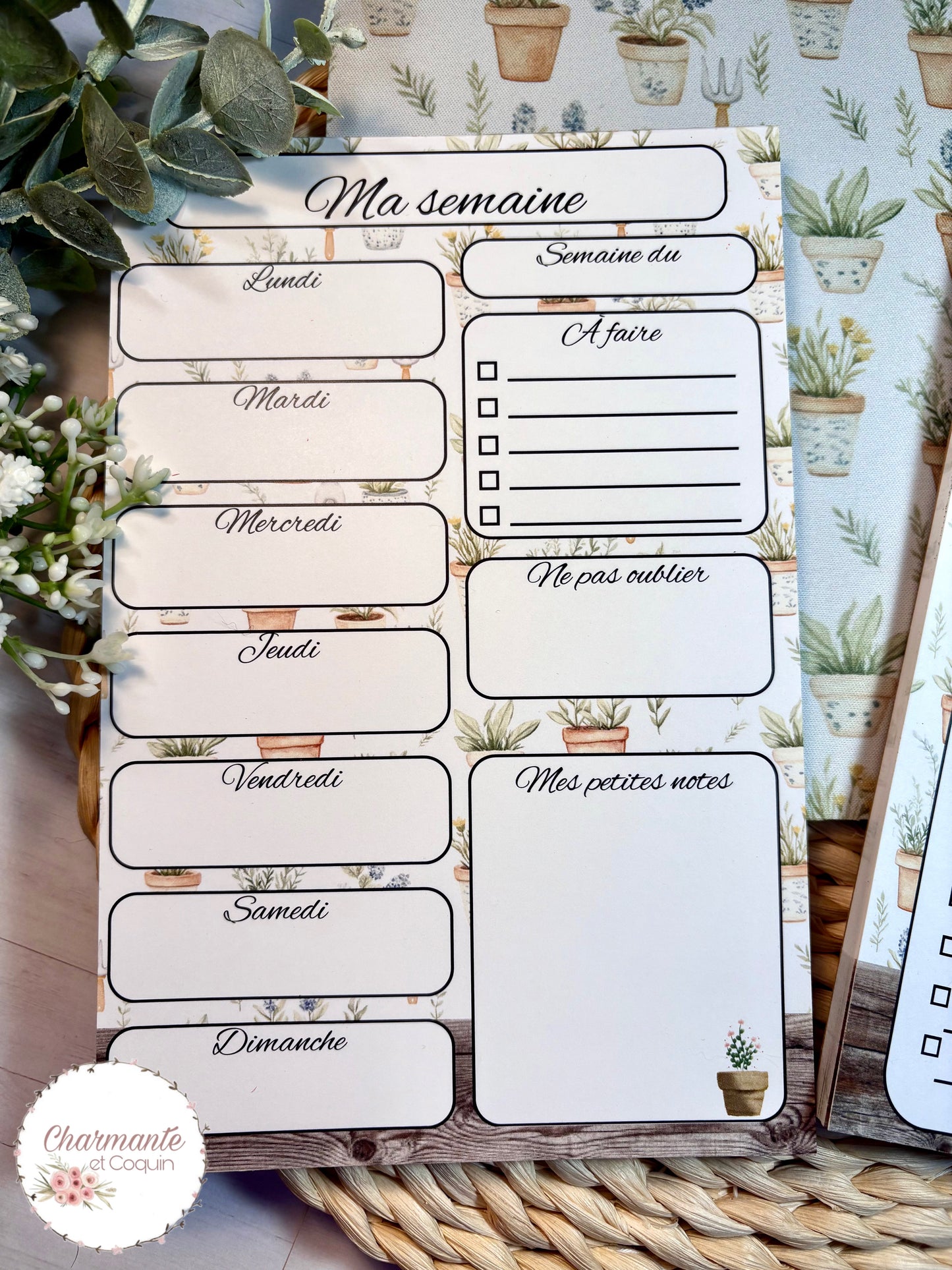 Ensemble de planification hebdomadaire avec motifs aquarelle pots de fleurs