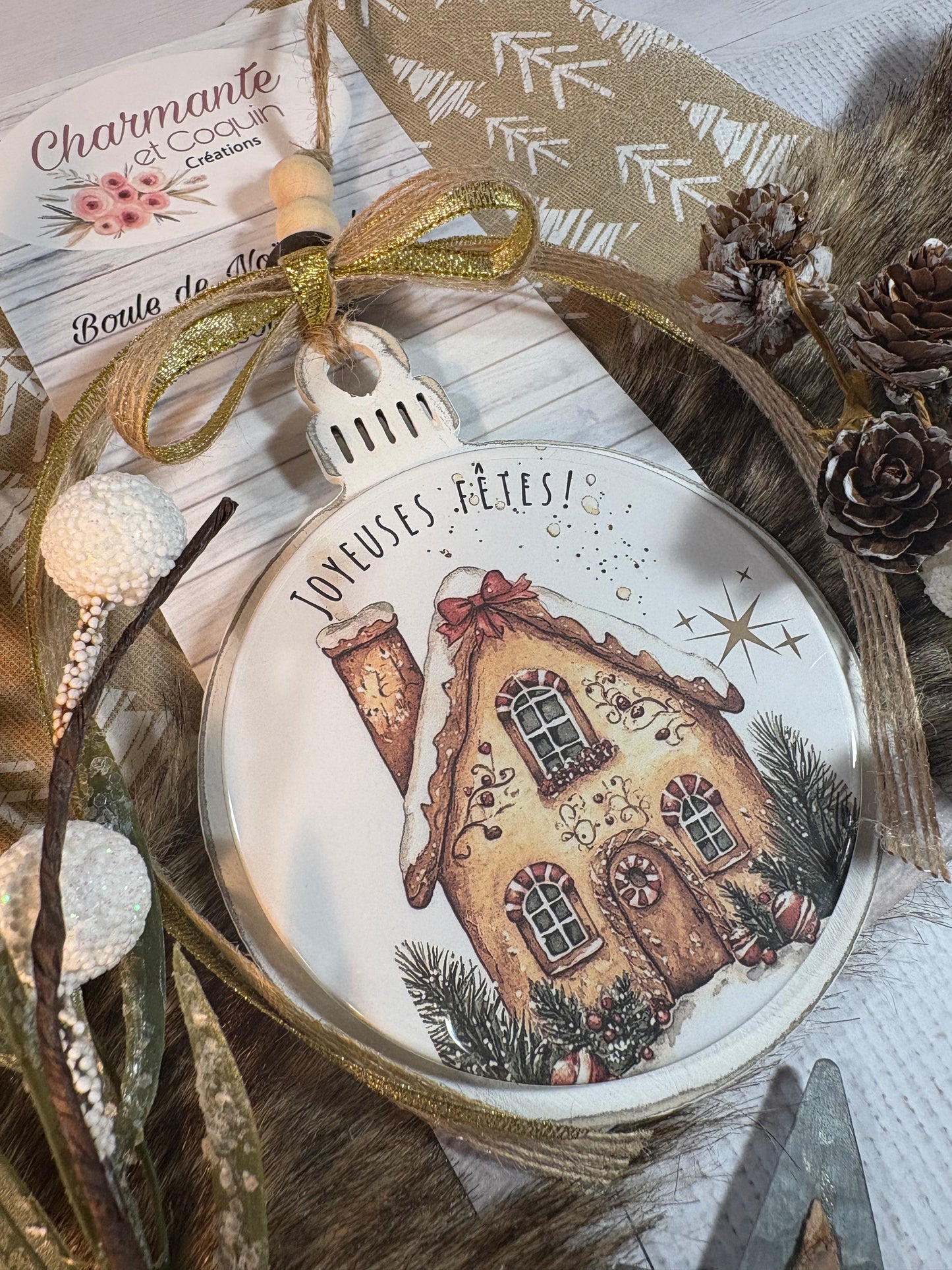 Boule de Noël en bois personnalisé de style rustique chic avec charmant motif du temps des fêtes