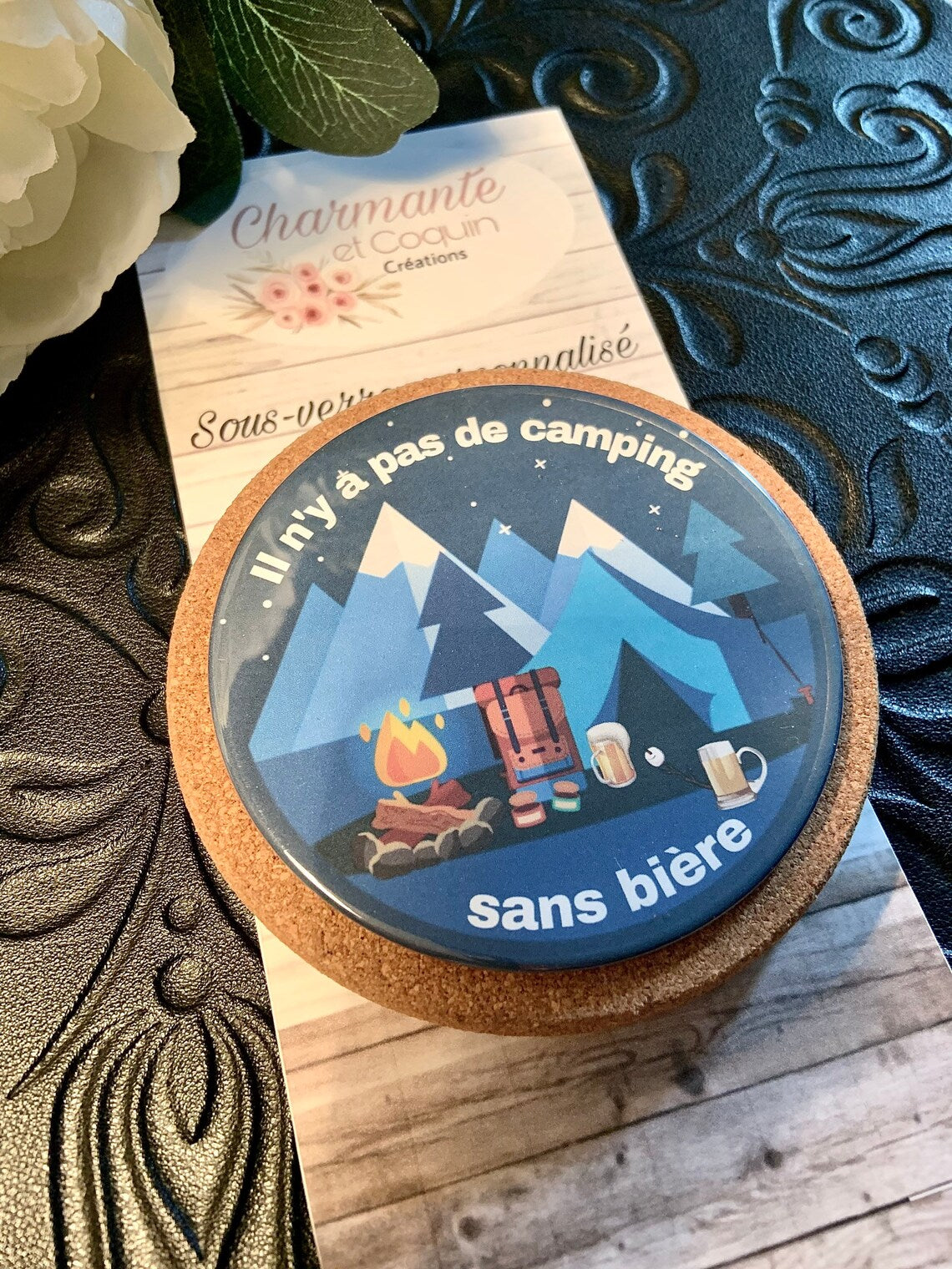 Sous-verre personnalisé avec jolie citation, thème camping, cadeau personnalisé