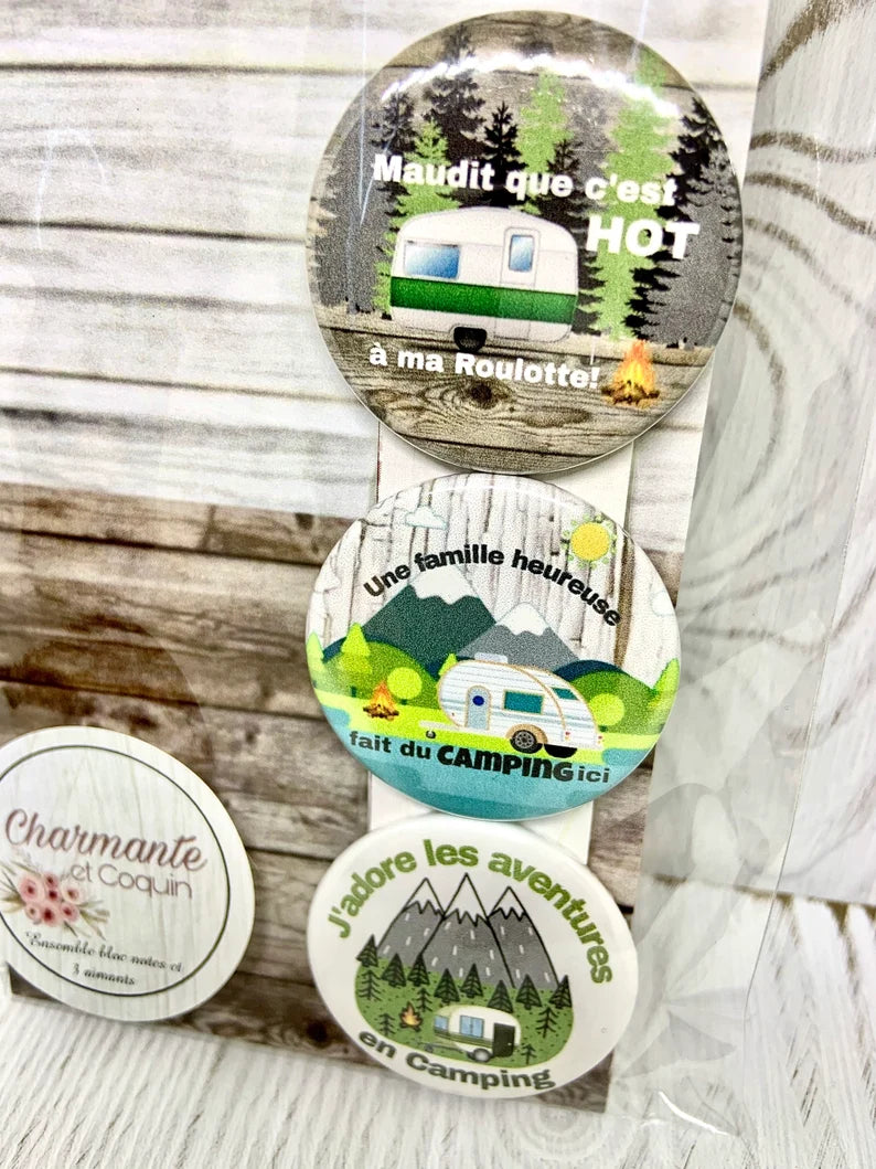 ENS. bloc notes et 3 aimants personnalisés sur le thème du camping .