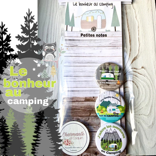 ENS. bloc notes et 3 aimants personnalisés sur le thème du camping .