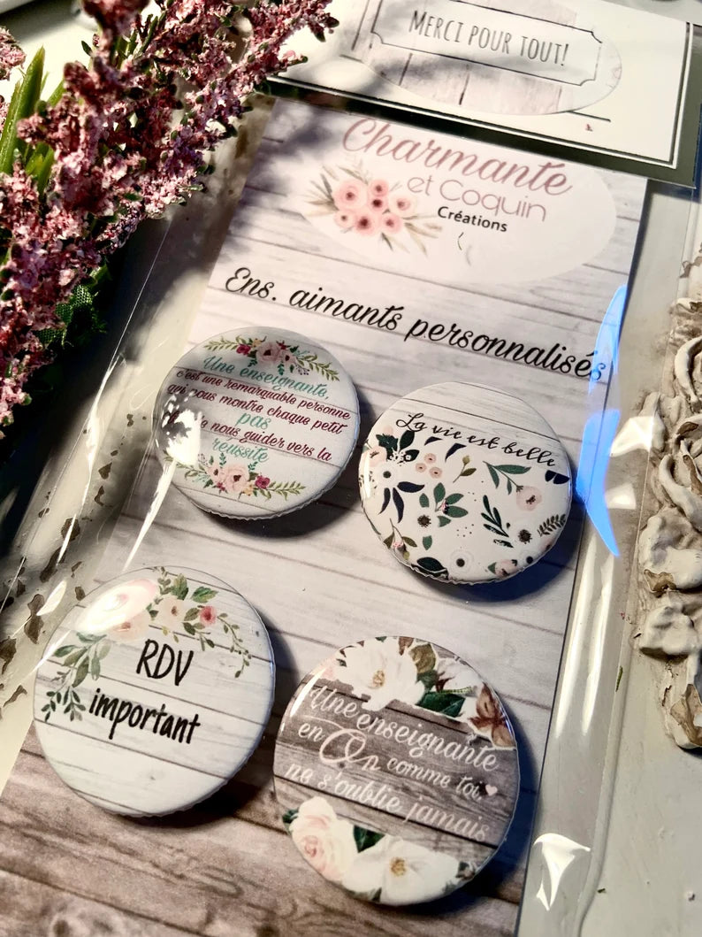 Ensemble de 4 aimants personnalisés , cadeau pour enseignantes.