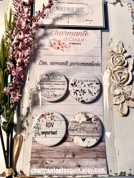 Ensemble de 4 aimants personnalisés , cadeau pour enseignantes.