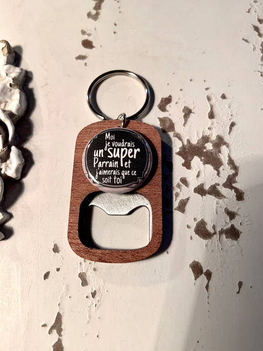 Porte-clés ouvre bouteilles personnalisé demande parrain, cadeau parrain