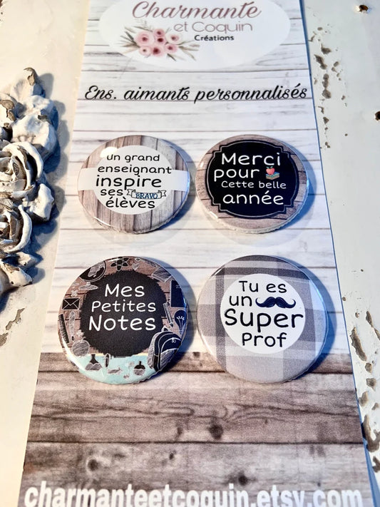 Ensemble 4 aimants personnalisés pour enseignant, cadeau remerciement professeur