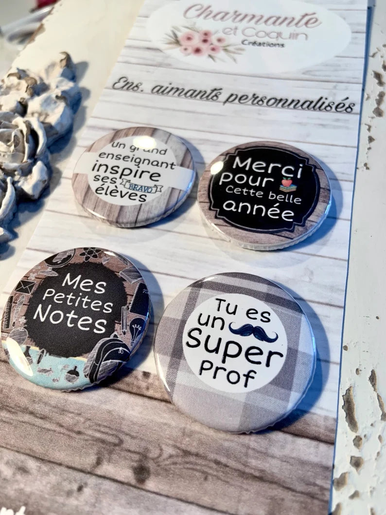 Ensemble 4 aimants personnalisés pour enseignant, cadeau remerciement professeur
