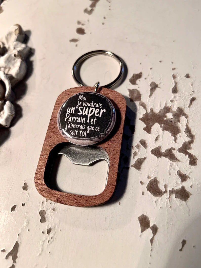 Porte-clés ouvre bouteilles personnalisé demande parrain, cadeau parrain