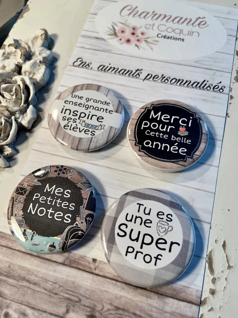 Ensemble de 4 aimants personnalisés pour enseignante , cadeau remerciement enseignante