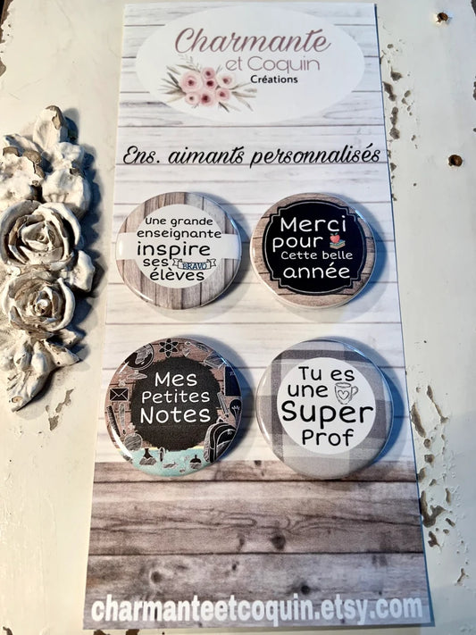 Ensemble de 4 aimants personnalisés pour enseignante , cadeau remerciement enseignante