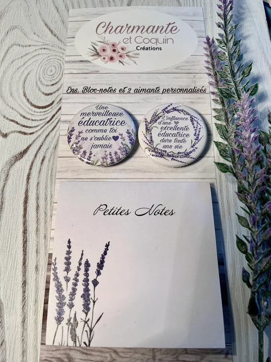 Ens. Bloc-notes avec feuilles autocollantes (style post it ) et 2 aimants personnalisés pour éducatrice, cadeau éducatrice
