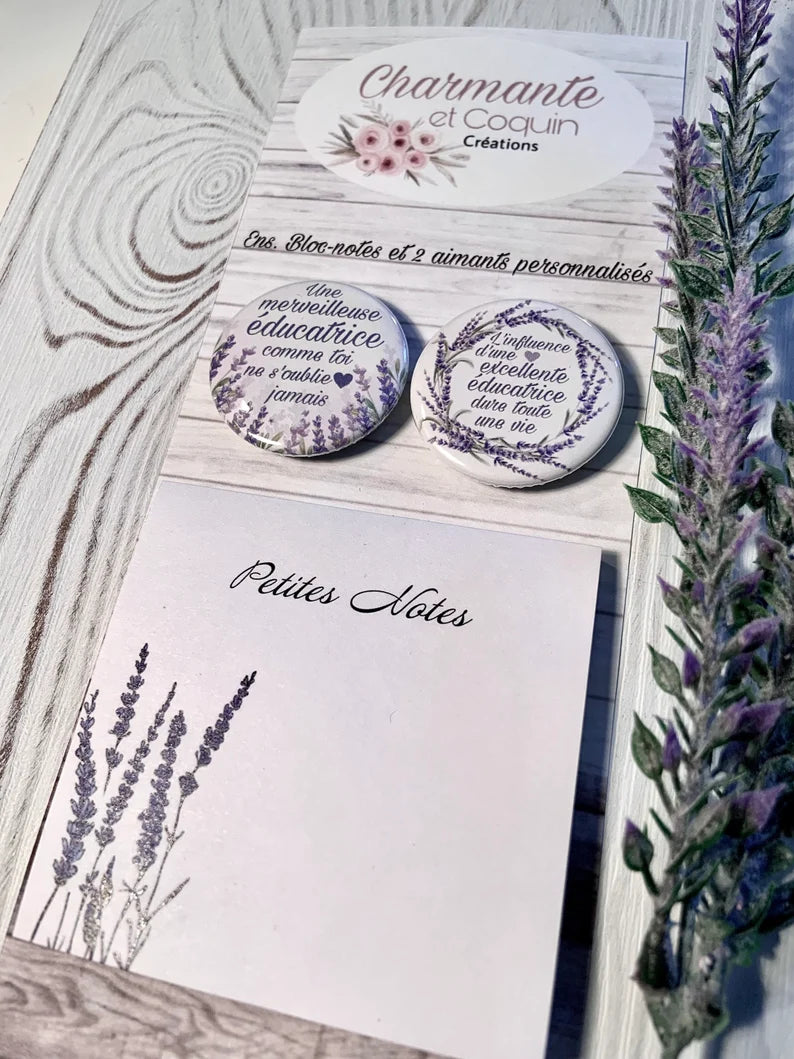 Ens. Bloc-notes avec feuilles autocollantes (style post it ) et 2 aimants personnalisés pour éducatrice, cadeau éducatrice
