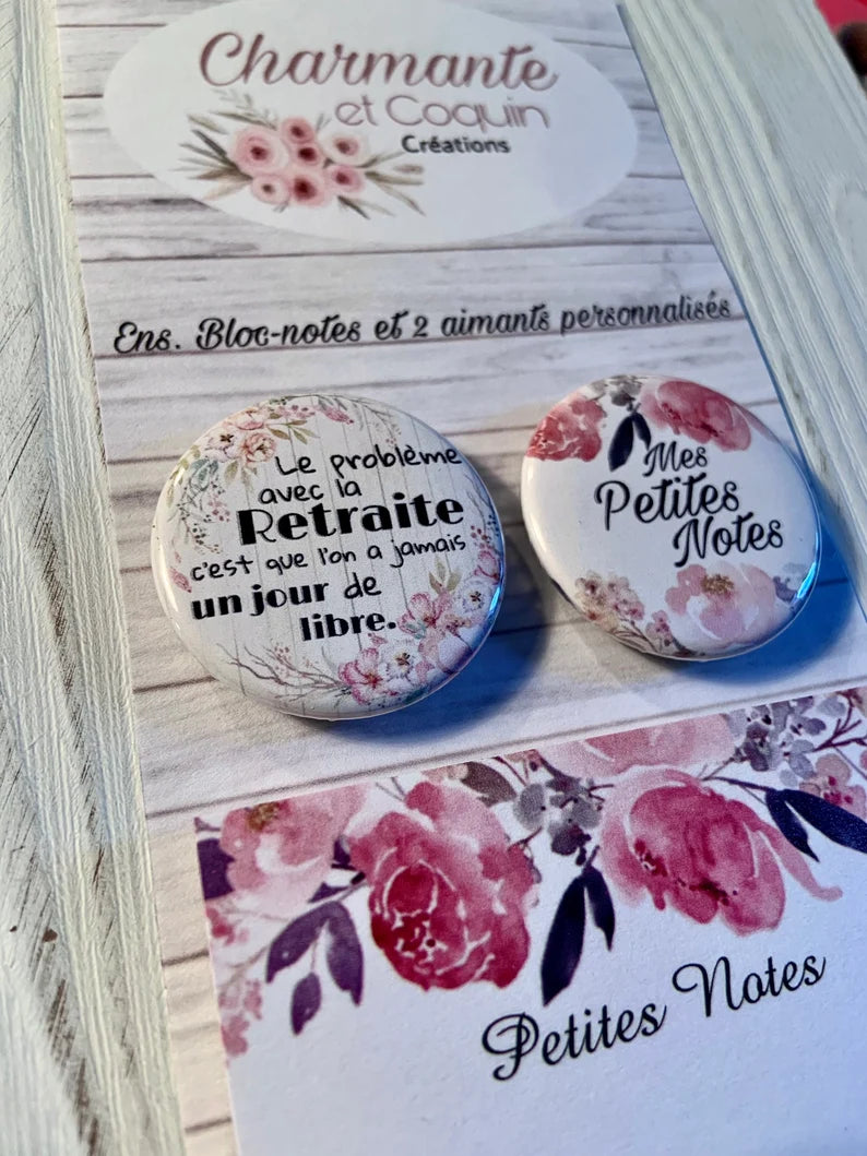 Ens bloc notes avec feuilles autocollantes ( style post it ) avec 2 aimants personnalisés thème retraite