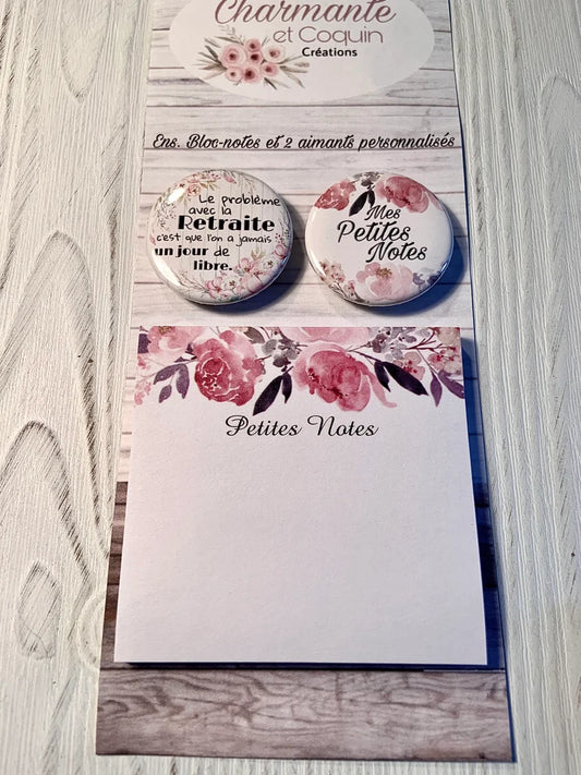 Ens bloc notes avec feuilles autocollantes ( style post it ) avec 2 aimants personnalisés thème retraite