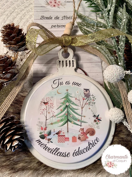 Boule de Noël en bois personnalisée de style rustique chic, cadeau pour éducatrice