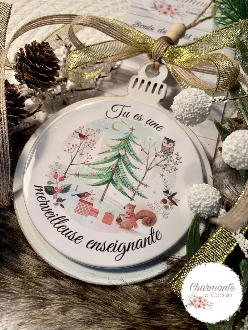 Boule de Noël en bois personnalisée de style rustique chic, cadeau pour enseignante