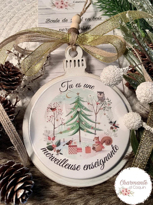 Boule de Noël en bois personnalisée de style rustique chic, cadeau pour enseignante