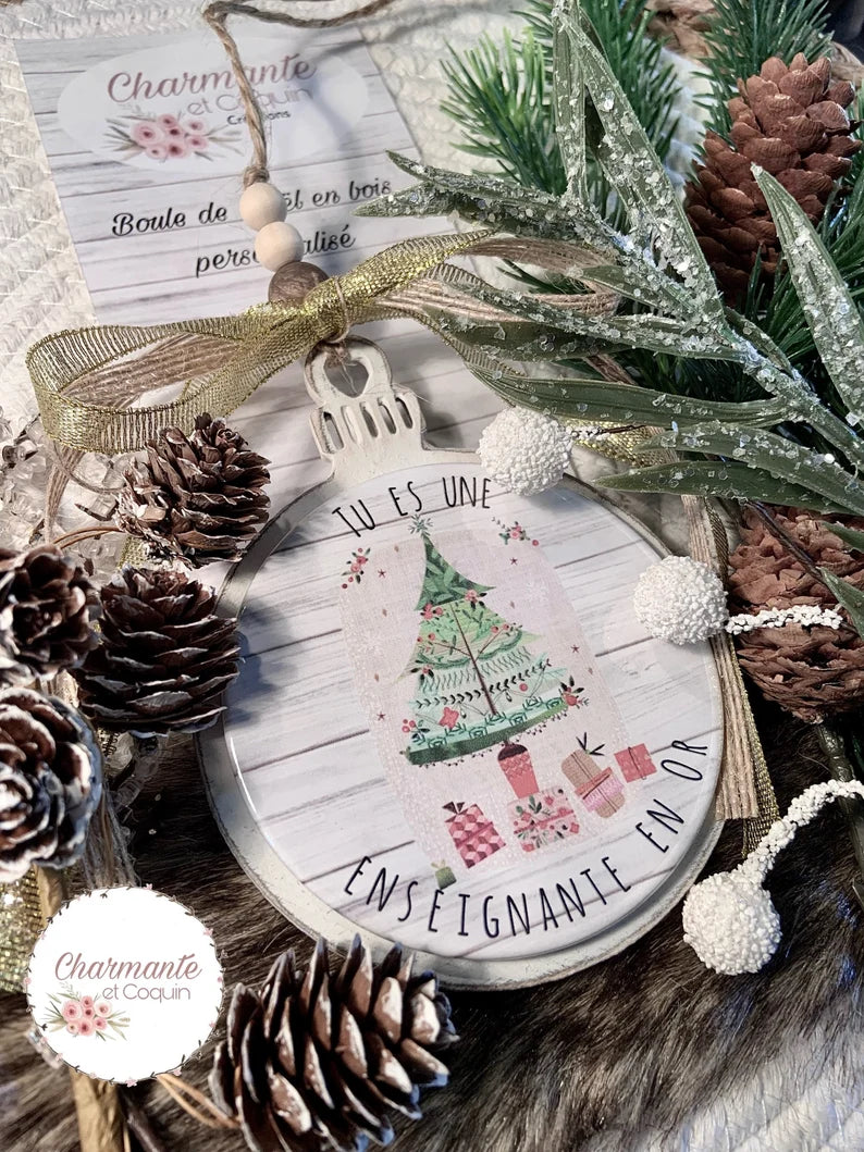 Boule de Noël en bois personnalisée de style rustique chic, cadeau pour enseignante