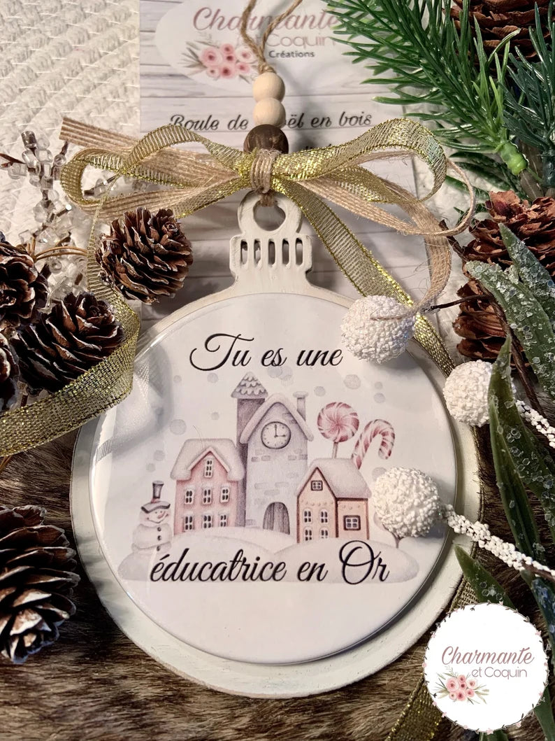 Boule de Noël en bois personnalisée de style rustique chic, cadeau pour éducatrice