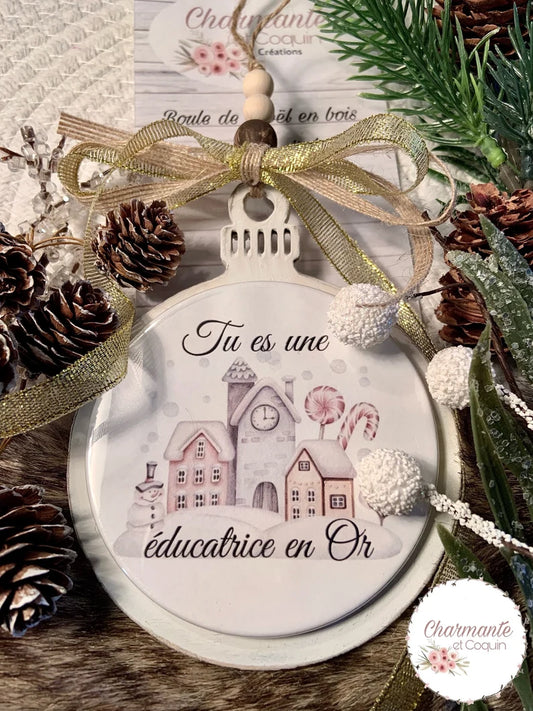 Boule de Noël en bois personnalisée de style rustique chic, cadeau pour éducatrice