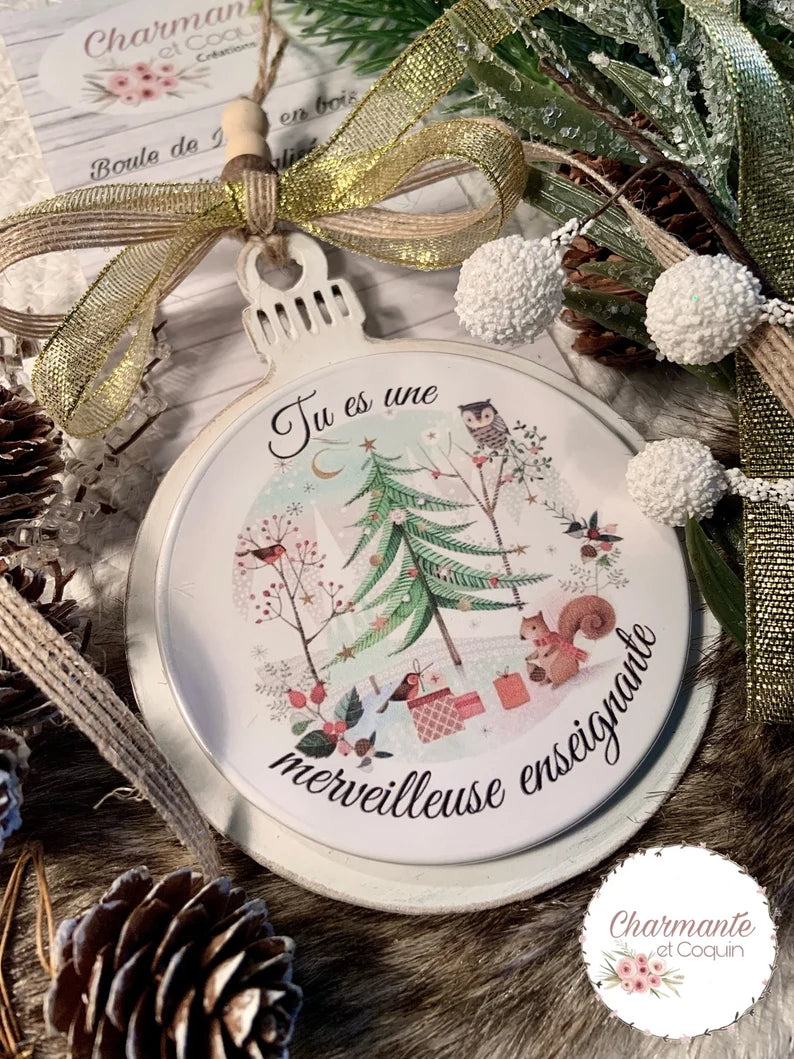 Boule de Noël en bois personnalisée de style rustique chic, cadeau pour enseignante