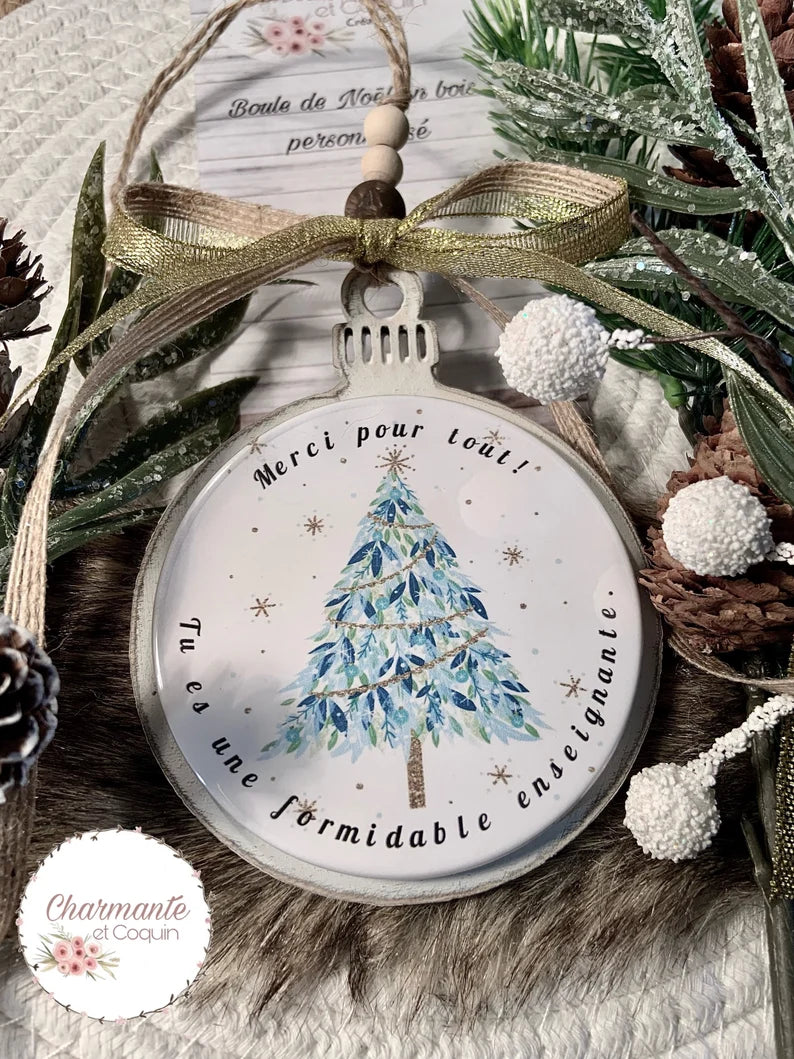 Boule de Noël en bois personnalisée de style rustique chic, cadeau pour enseignante