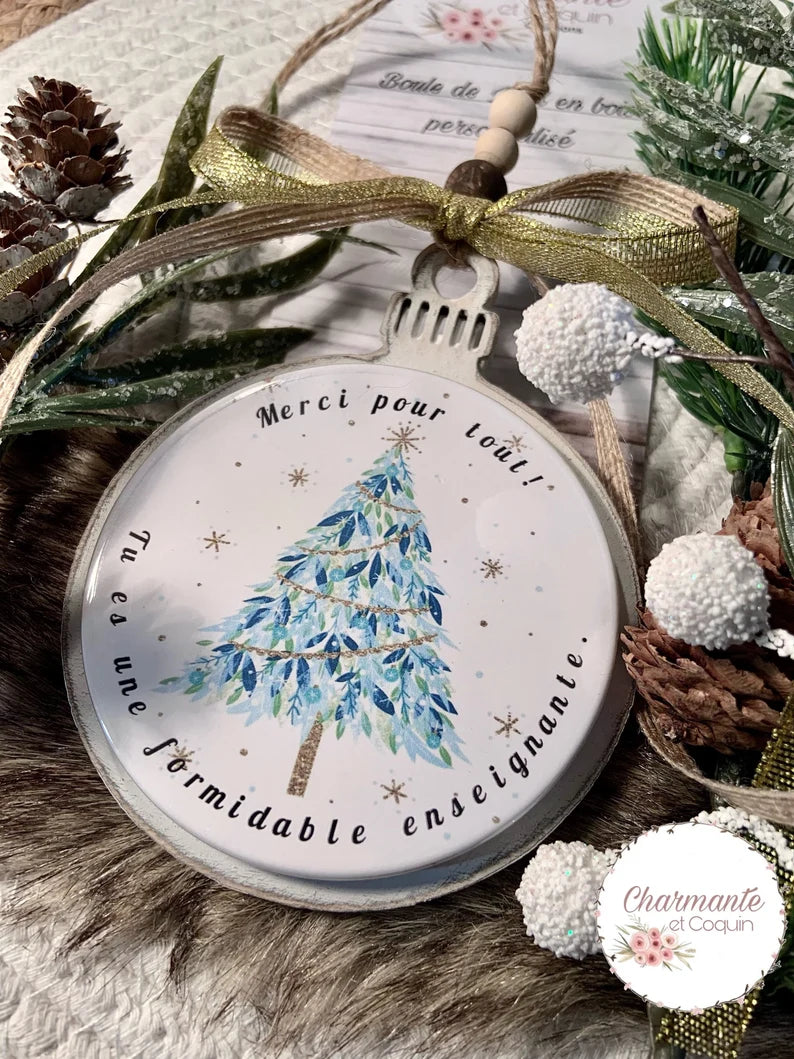 Boule de Noël en bois personnalisée de style rustique chic, cadeau pour enseignante