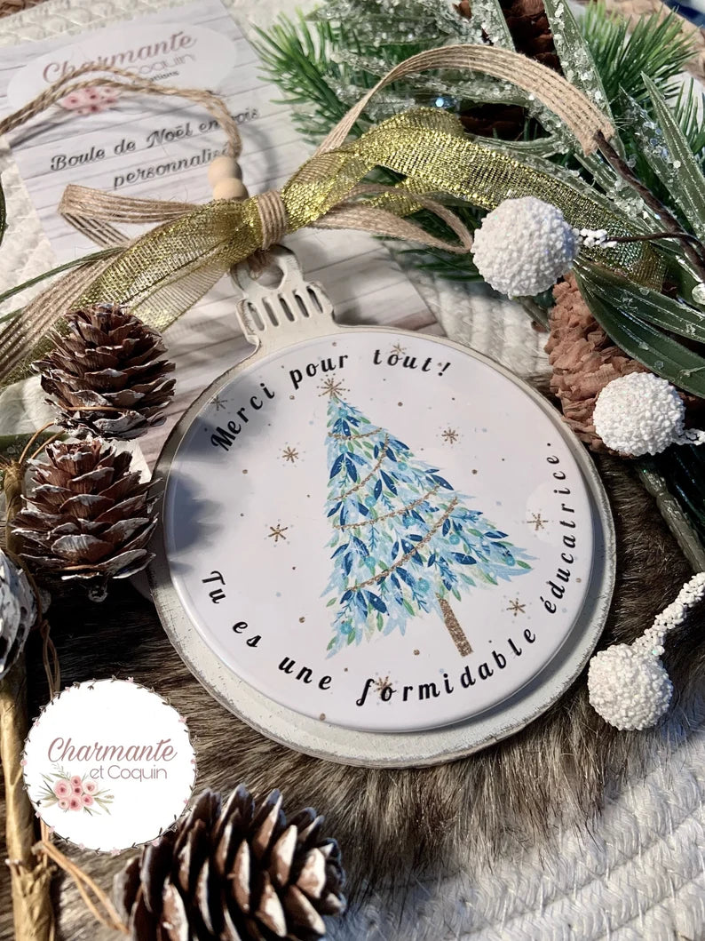 Boule de Noël en bois personnalisée de style rustique chic, cadeau pour éducatrice