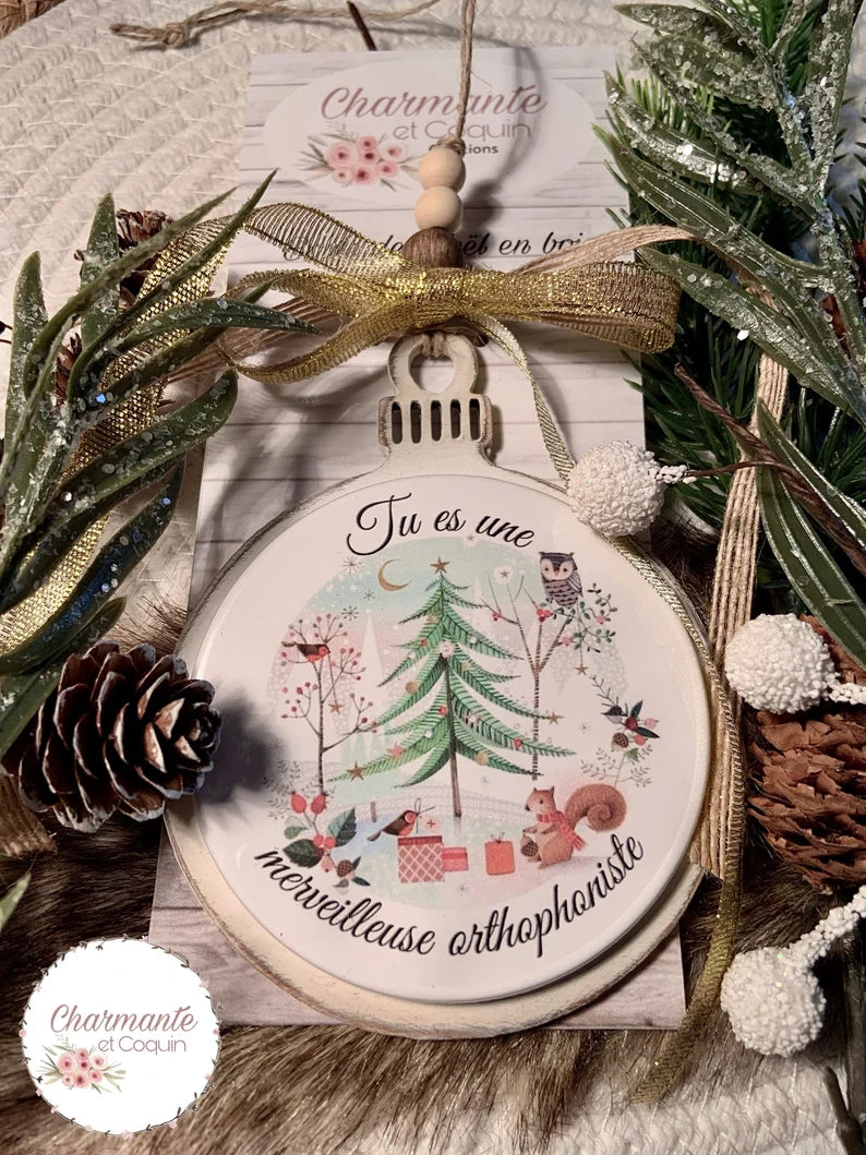 Boule de Noël en bois personnalisé de style rustique chic, cadeau pour orthophoniste.