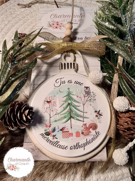 Boule de Noël en bois personnalisé de style rustique chic, cadeau pour orthophoniste.